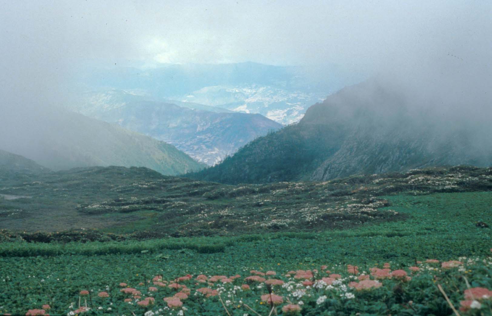 Clouds parting over mountain meadow and Mekong Valley, Zhiziluo